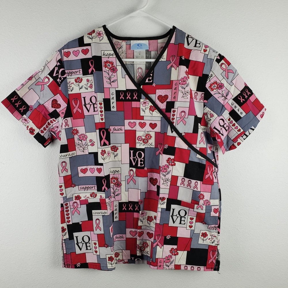 SB Scrubs Women's M Love Hope Faith Breast Cancer Ribbon Top Pink Red‎ Patchwork